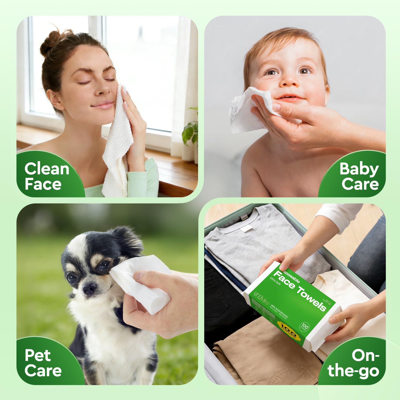 Elvira towels for dry and wet use, versatile cleansing option.