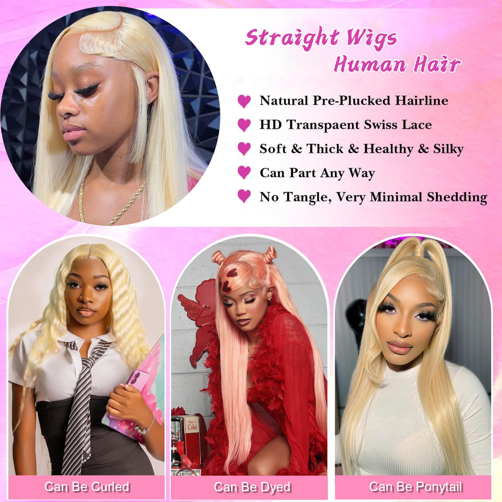 ELYCONT blonde straight wig close-up shows smooth texture and even color.