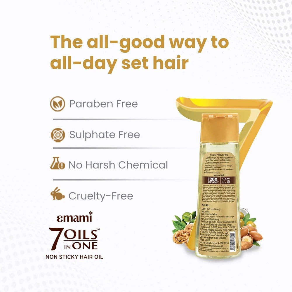 Emami 7-in-1 Hair Oil application image shows scalp nourishment and non-greasy finish.