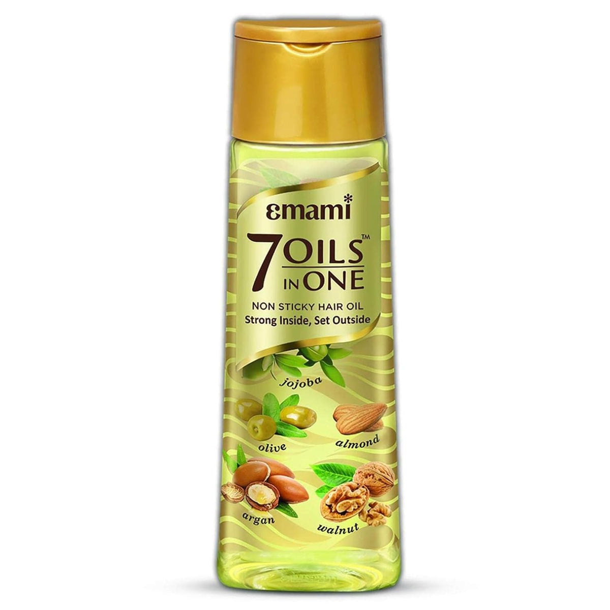 Emami 7-in-1 Hair Oil bottle promotes nourishment for stronger, shinier hair.