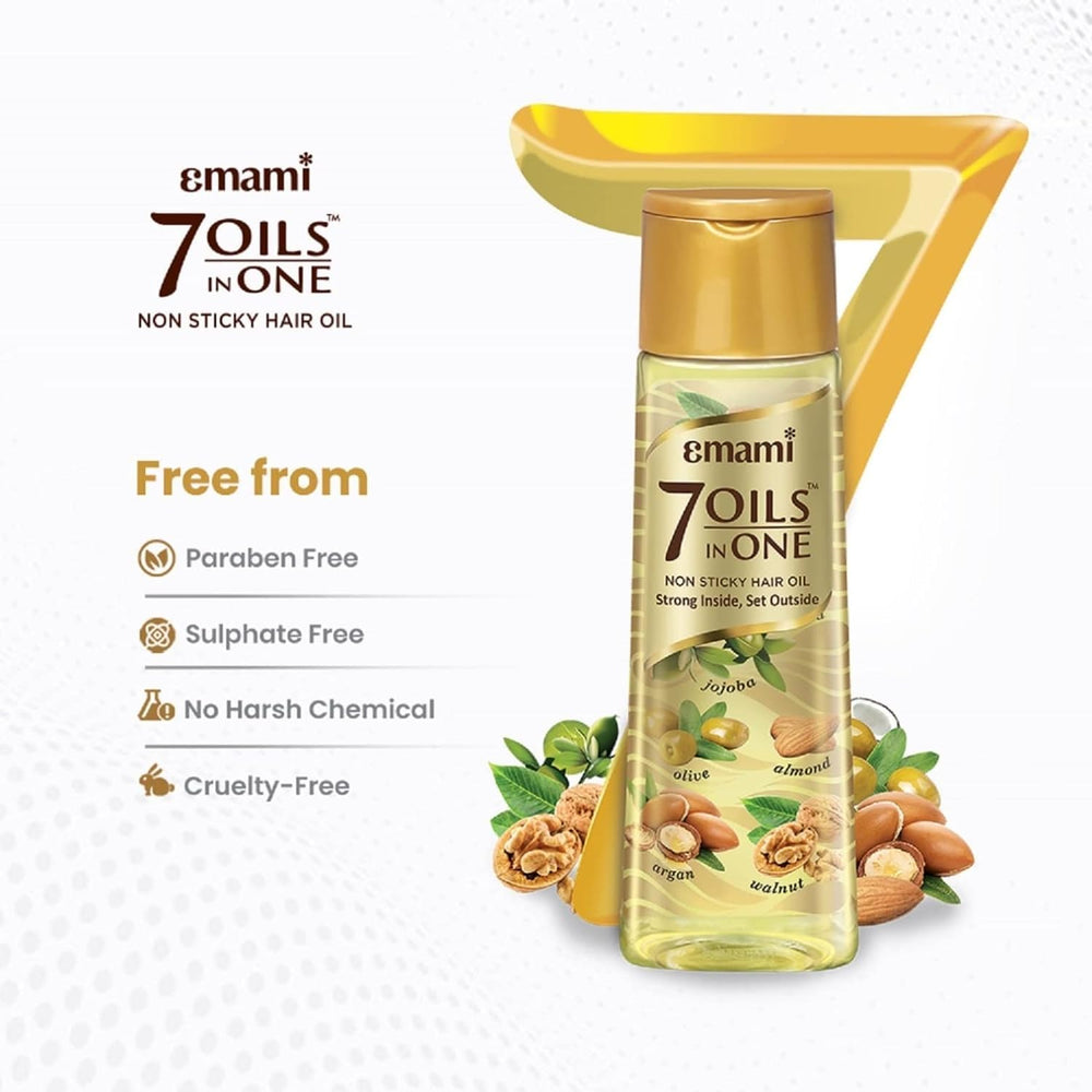 Emami 7-in-1 Hair Oil drops image suggests easy application and quick absorption.
