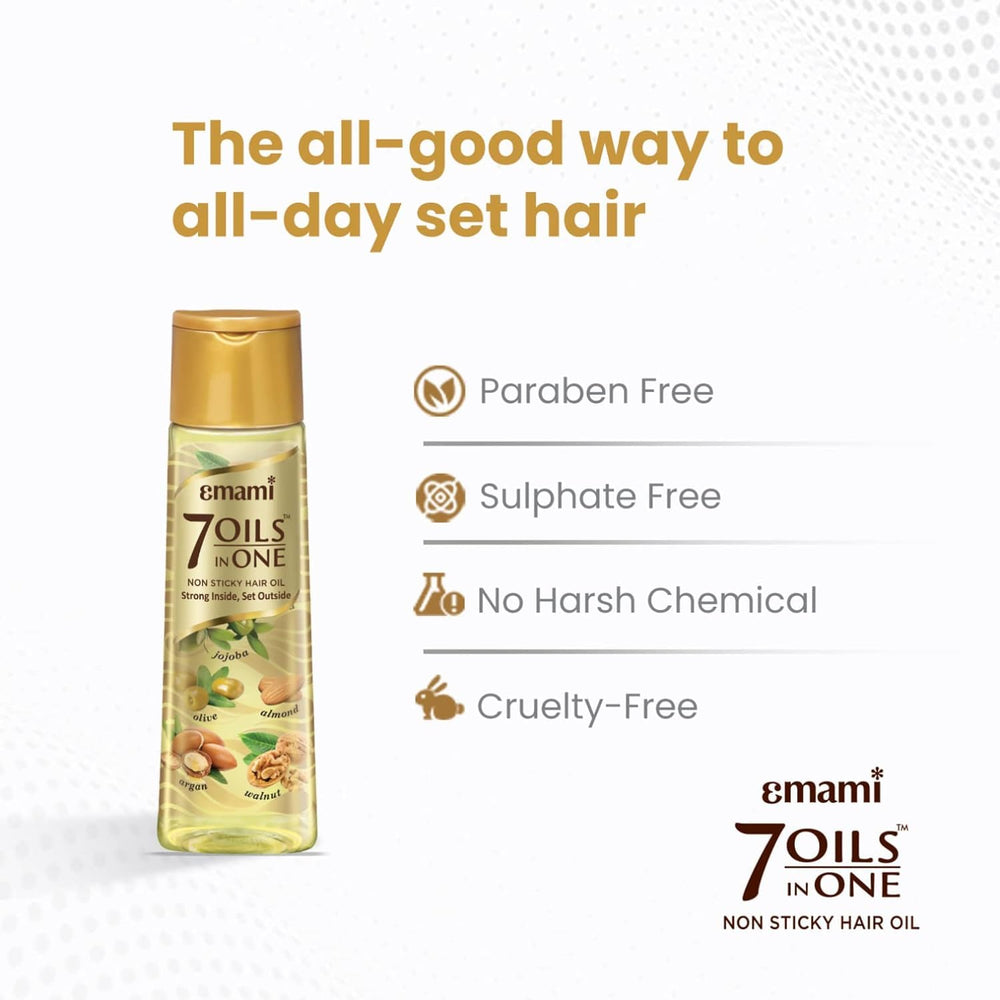 Emami 7-in-1 Hair Oil close-up reveals smooth, shiny hair texture.