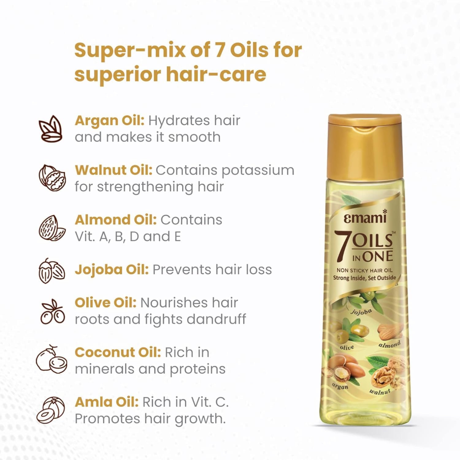 Emami 7-in-1 Hair Oil ingredient list highlights seven natural oils.