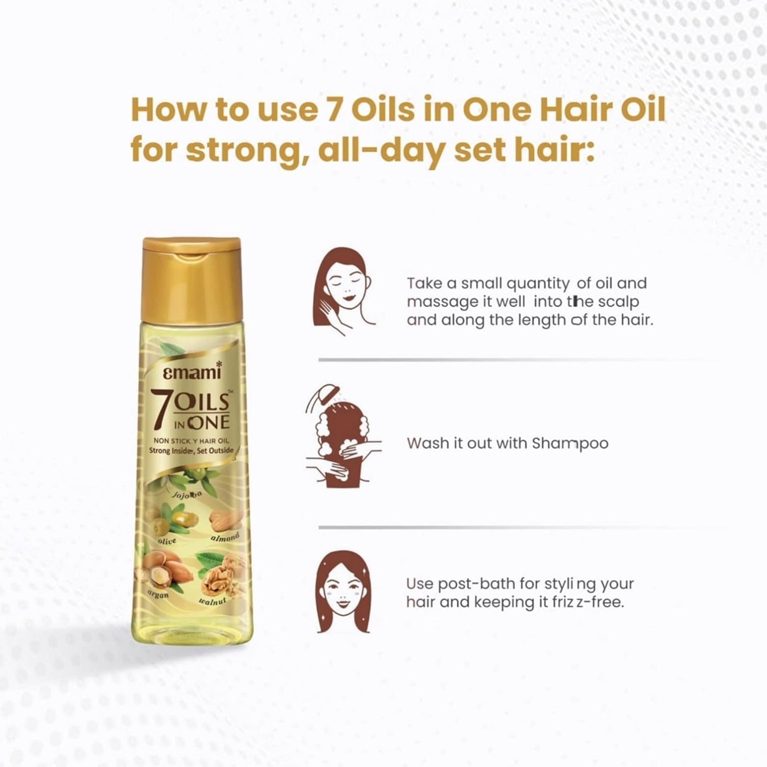 Emami 7-in-1 Hair Oil scene illustrates versatile use and styling.