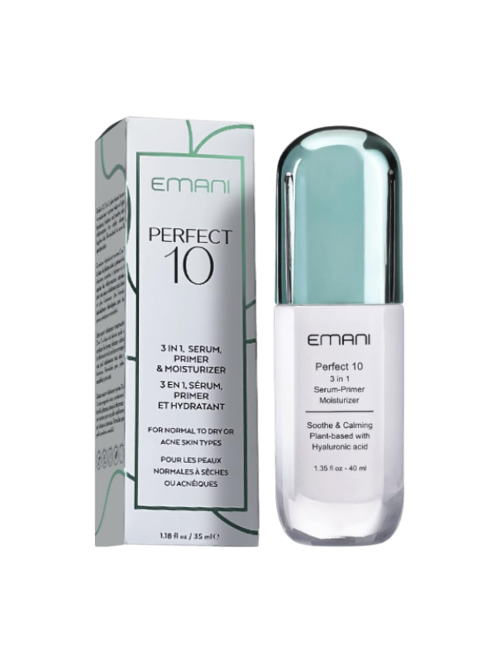 Emani Perfect 10 primer bottle closeup highlighting premium packaging for a smooth base