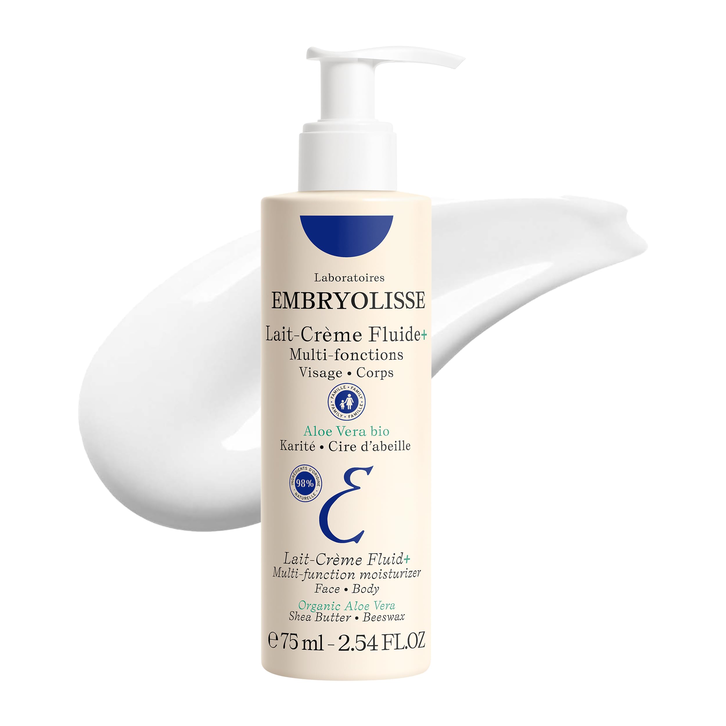 Embryolisse Lait Creme Fluid bottle showing lightweight hydration for all skin types.