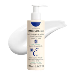 Embryolisse Lait Creme Fluid bottle showing lightweight hydration for all skin types.