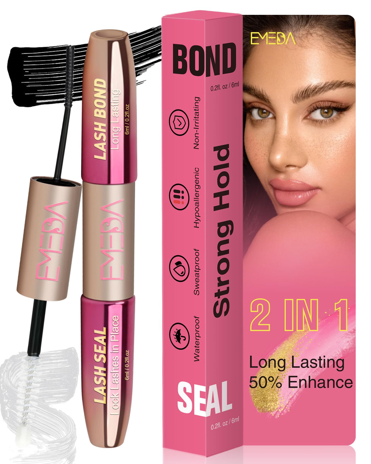 EMEDA Lash Cluster Glue bottle shows strong hold for all-day lashes.