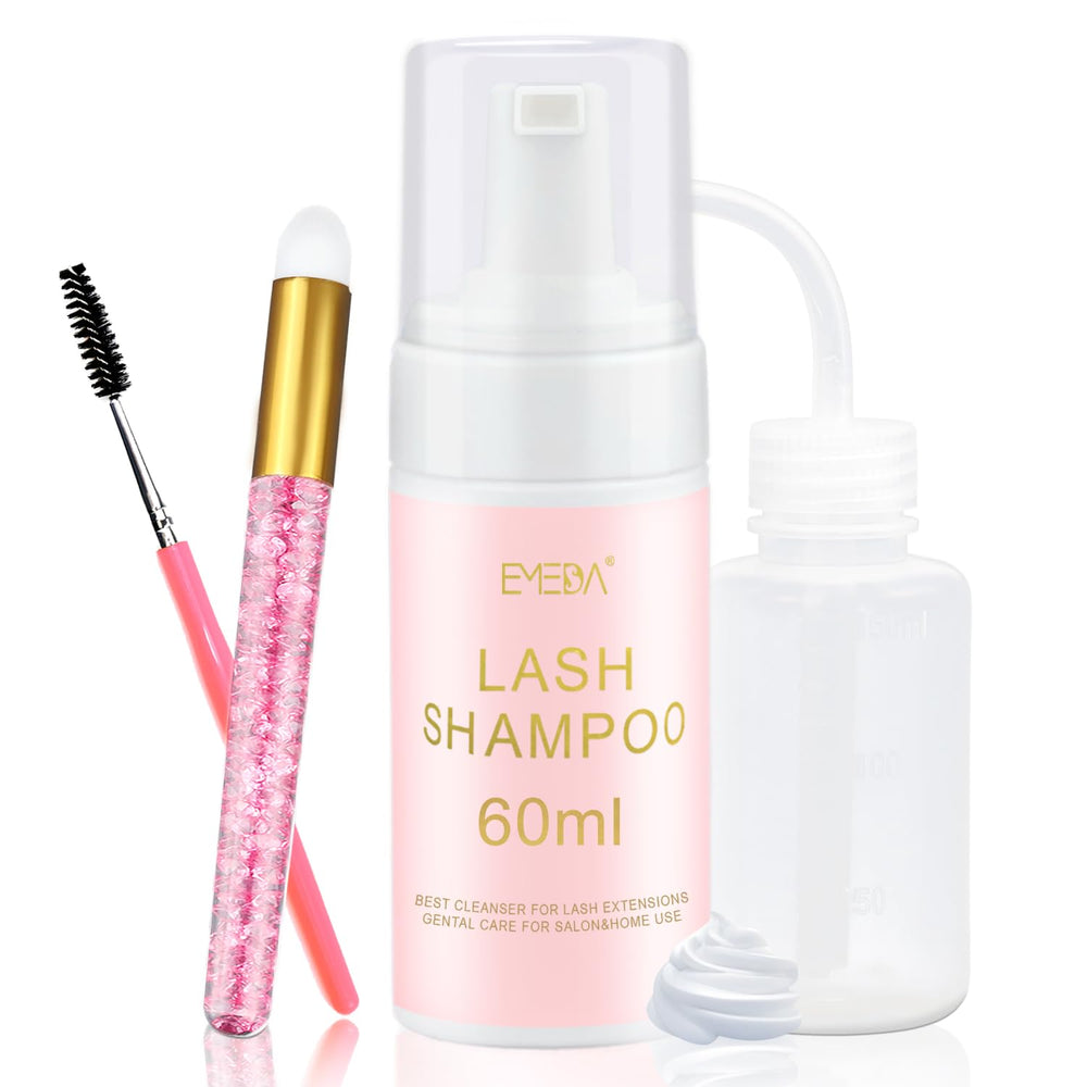 EMEDA lash shampoo bottle 60ml showing oil-free cleansing for extensions.