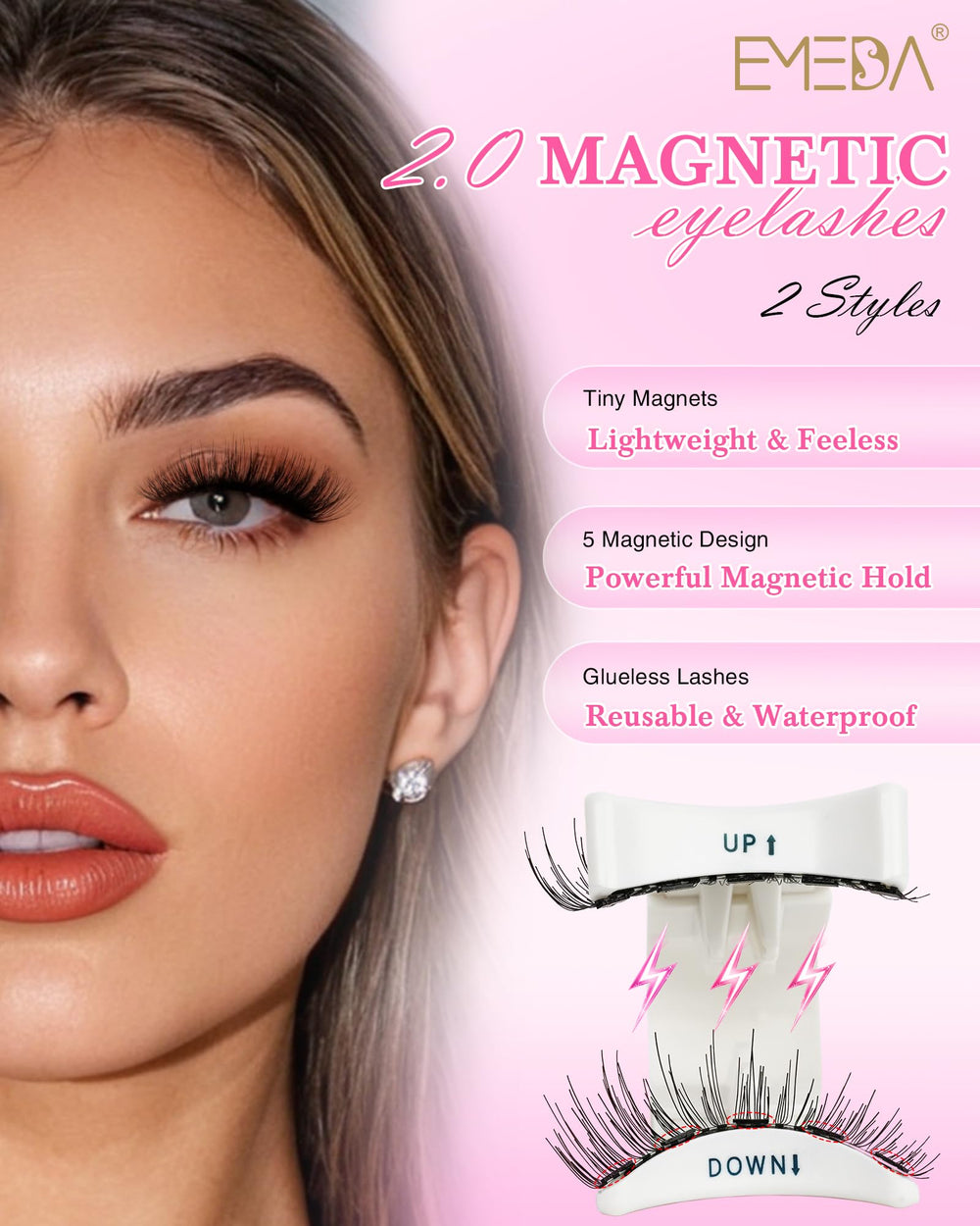 EMEDA magnetic applicator demonstrates easy one-click wear with lashes.