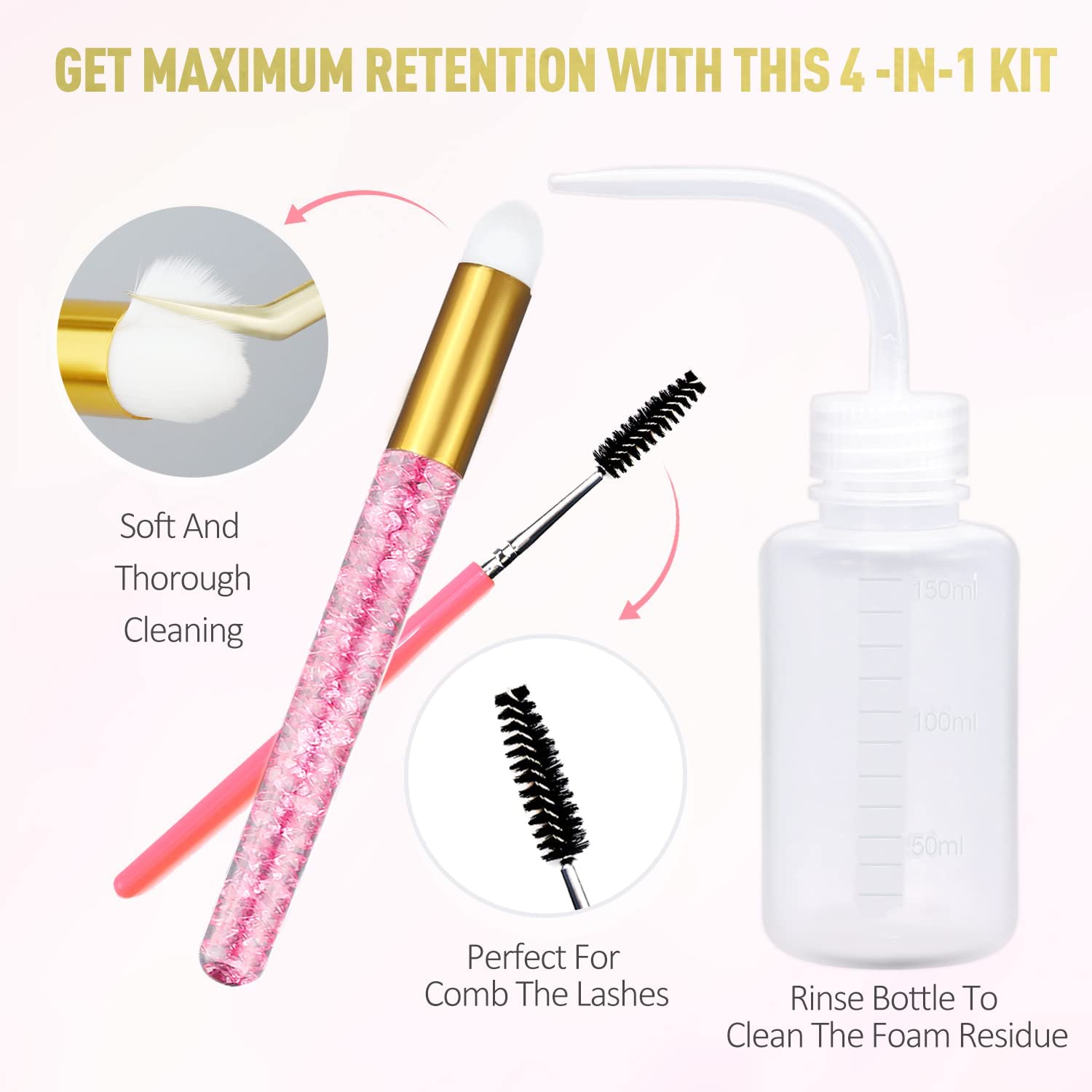 EMEDA rinse bottle supports thorough rinse after cleansing lashes.