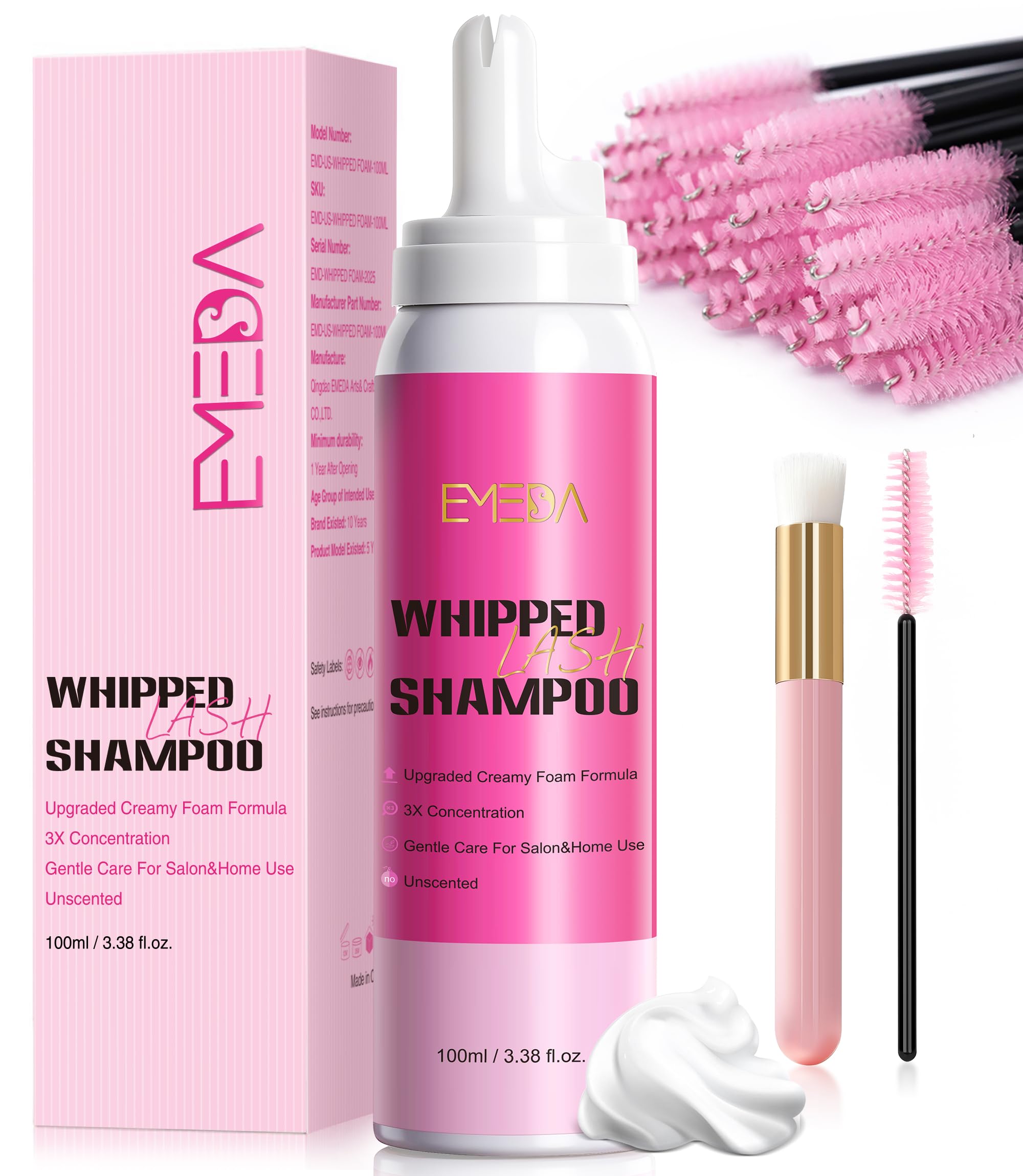 EMEDA Whipped Lash Shampoo foam close-up for gentle lash cleansing