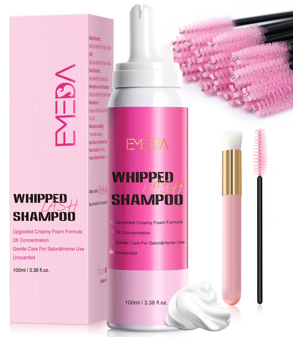EMEDA Whipped Lash Shampoo foam close-up for gentle lash cleansing