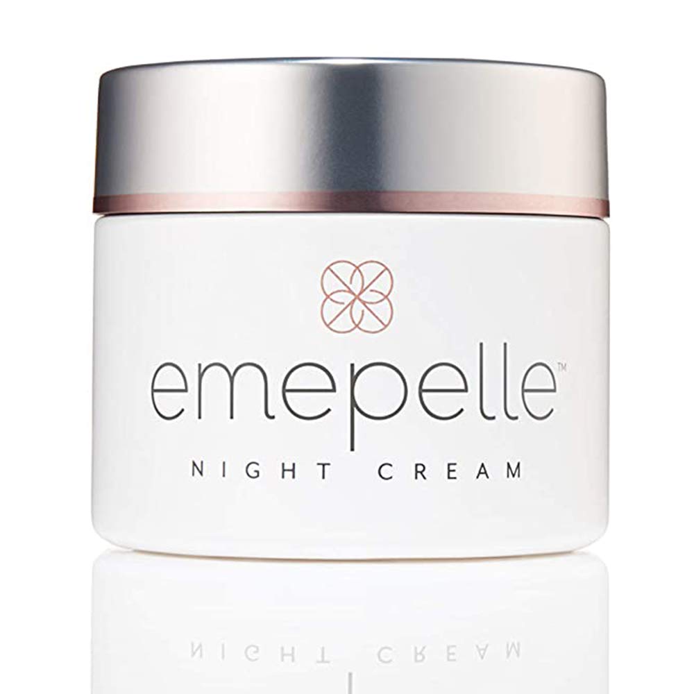 Emepelle Night Cream bottle close-up showing premium packaging and nighttime hydration potential.