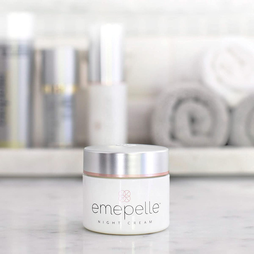 Emepelle Night Cream texture detail showcasing luxurious, creamy consistency for nightly nourishment.