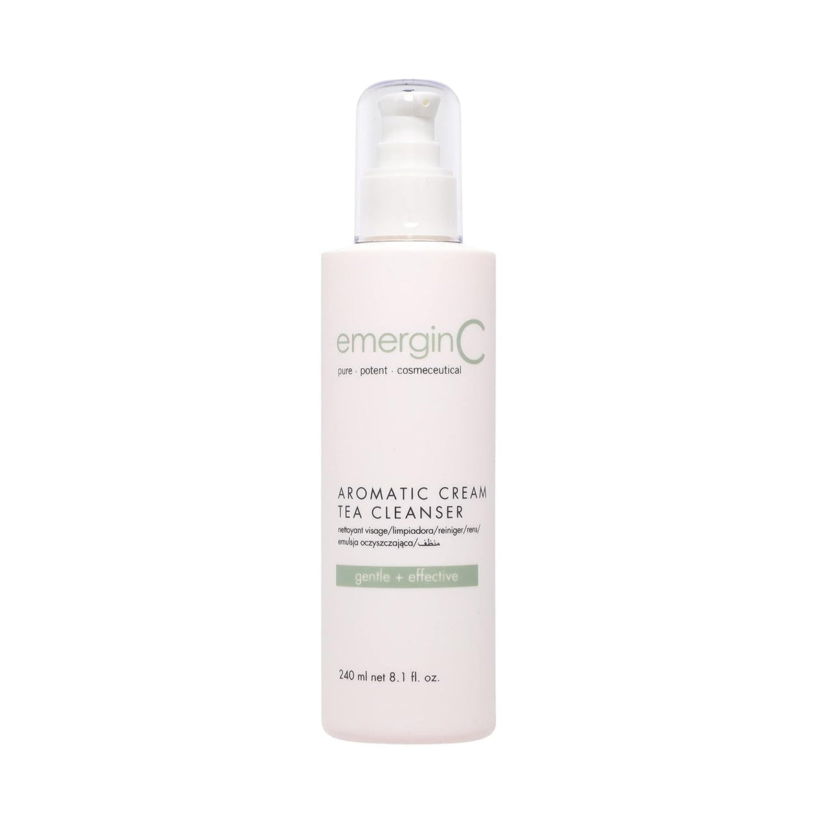 emergin C Aromatic Cream Tea Cleanser bottle demonstrates gentle makeup removal