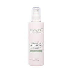 emergin C Aromatic Cream Tea Cleanser bottle demonstrates gentle makeup removal