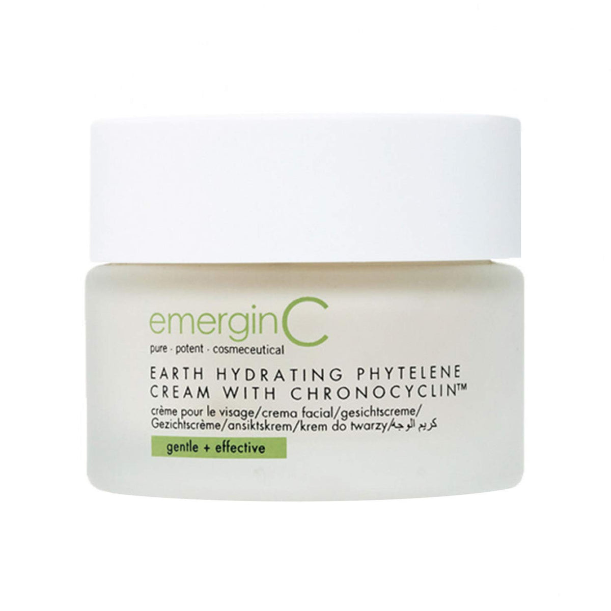 emergin C Earth Hydrating Phytelene Cream bottle shows a velvety finish and hydration benefits.