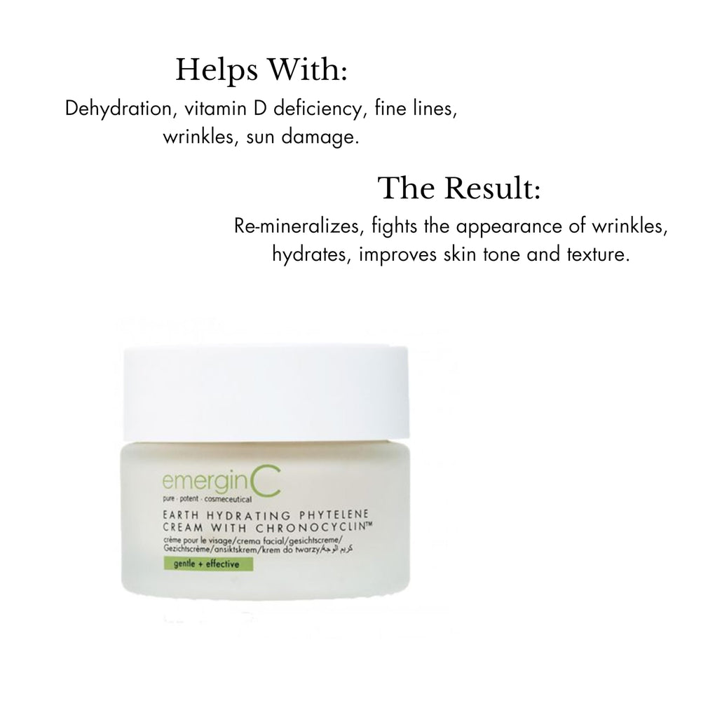 emergin C Earth Hydrating Phytelene Cream jar texture reveals rich moisturizer for daily use.