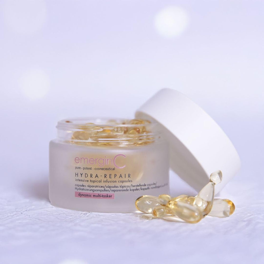 emerginC Hydra-Repair texture close-up shows creamy serum for smooth skin.