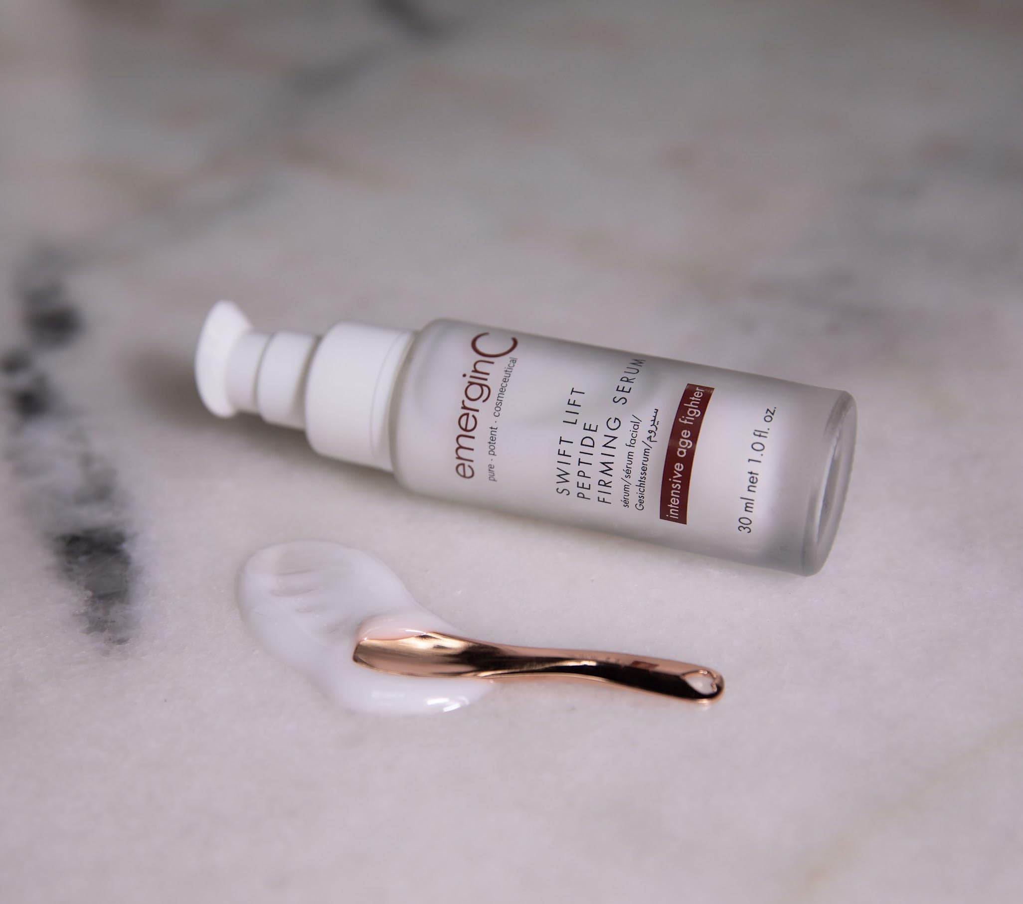 emerginC Swift Lift serum texture swatch highlights silky, fast-absorbing formula