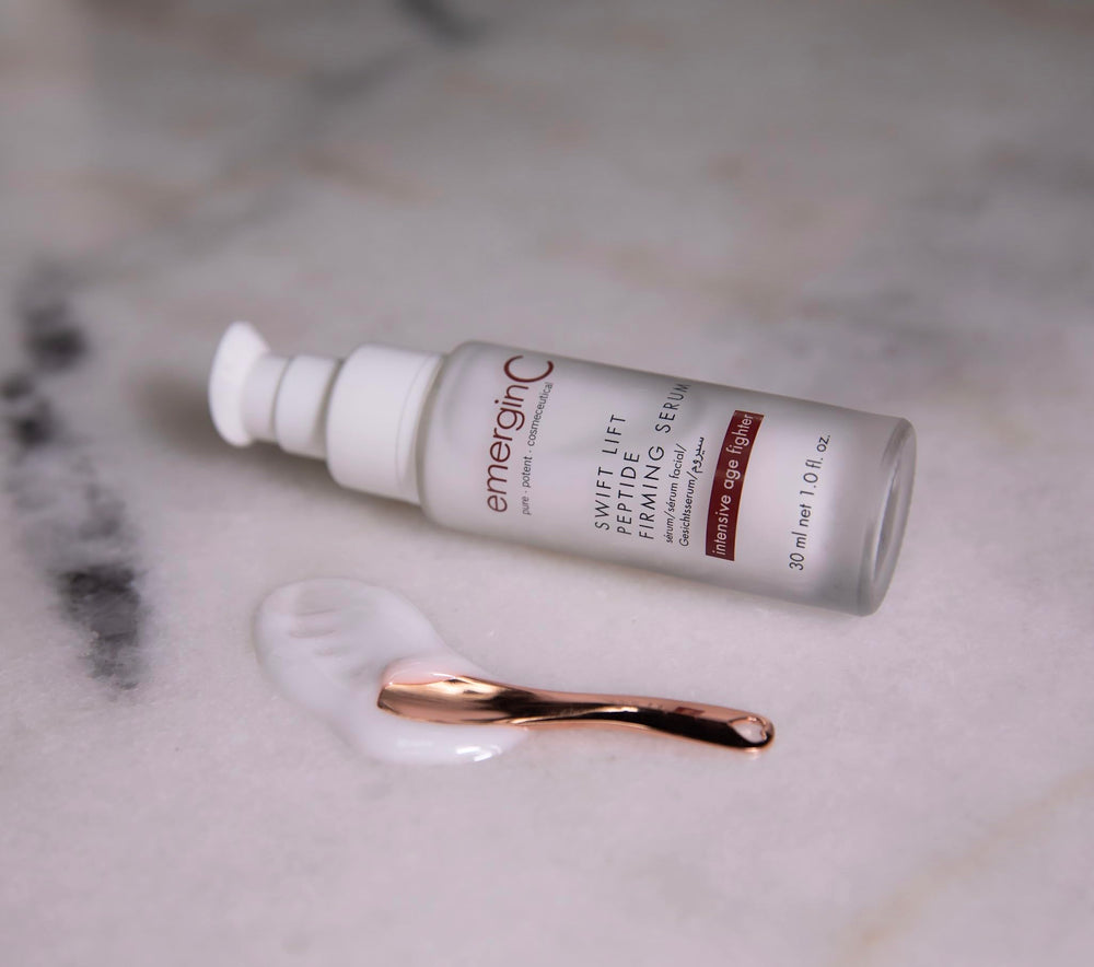 emerginC Swift Lift serum texture swatch highlights silky, fast-absorbing formula