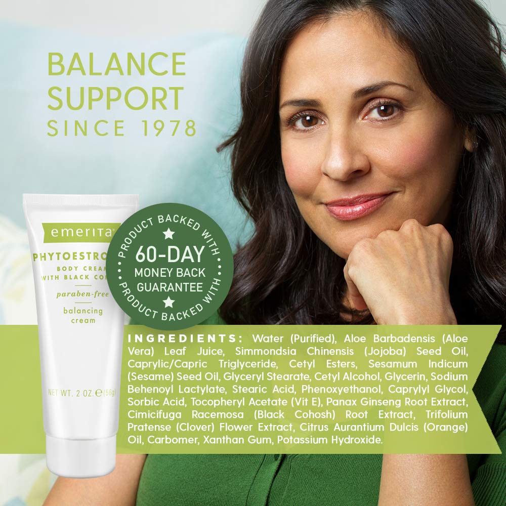 Emerita phytoestrogen body cream texture close-up shows rich absorption.