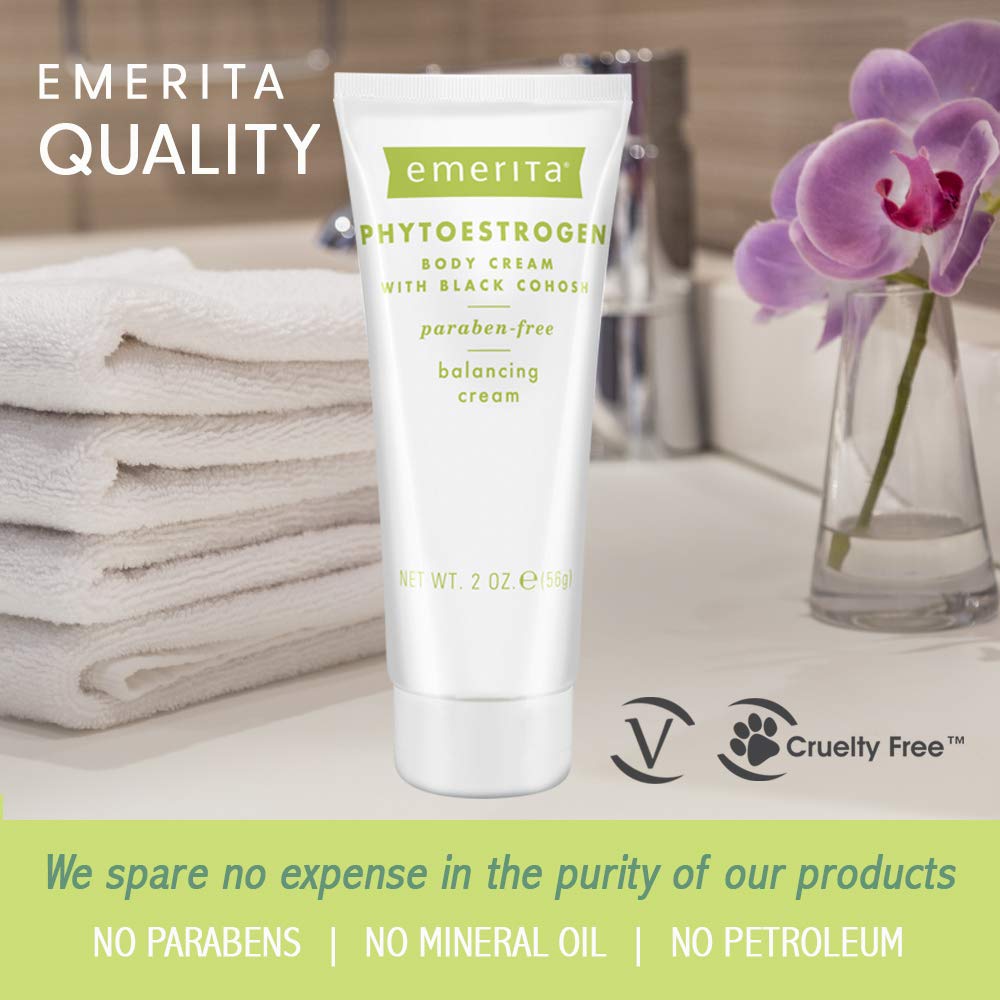 Emerita phytoestrogen ingredients label highlights plant-based components.