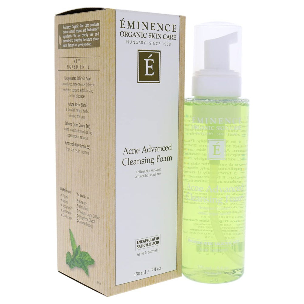 Eminence Acne Advanced Cleansing Foam ingredients show willow bark and tea tree for purifying care