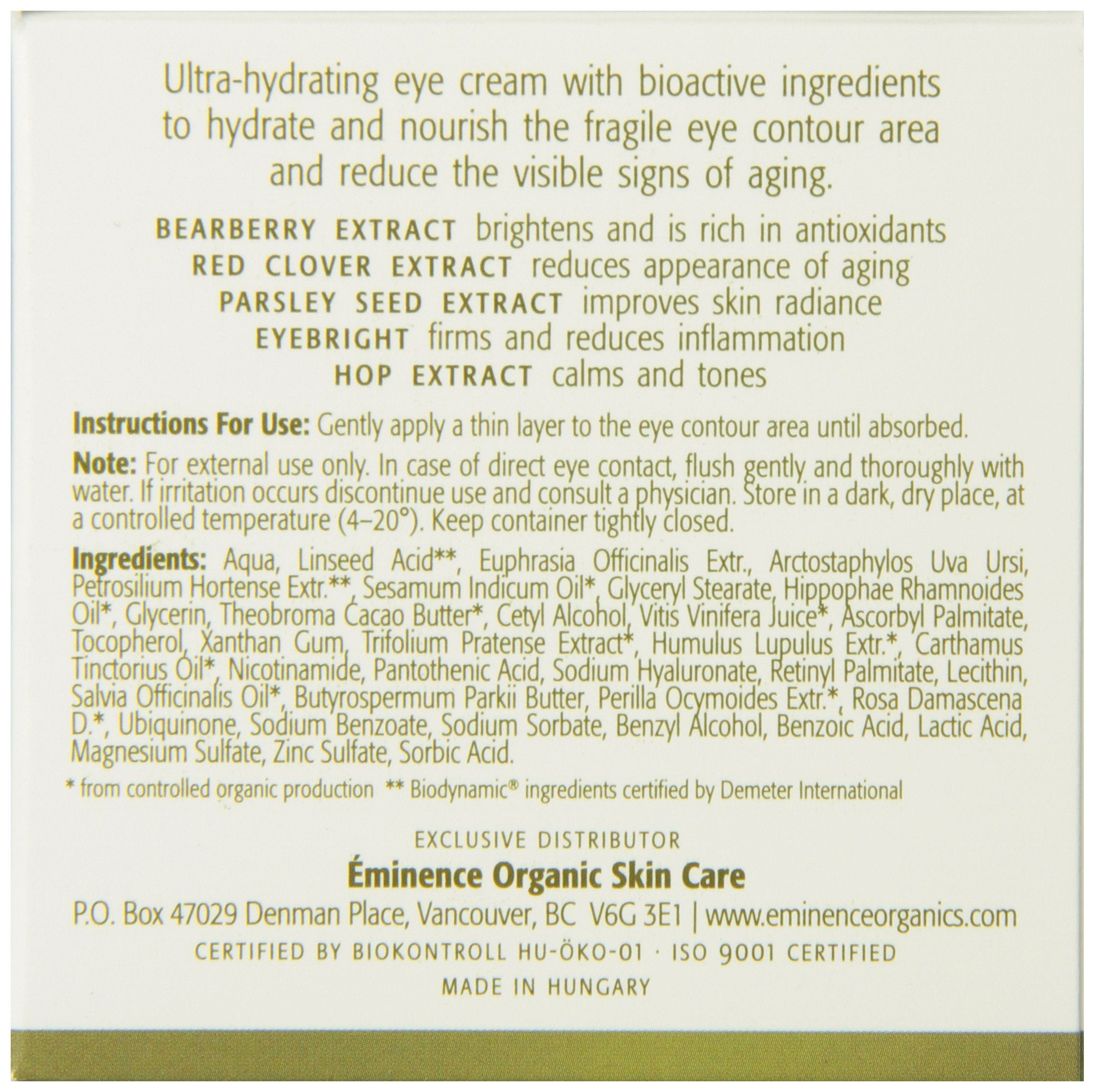 Label detail of Eminence Bearberry Eye Repair Cream signals biodynamic bearberry extract