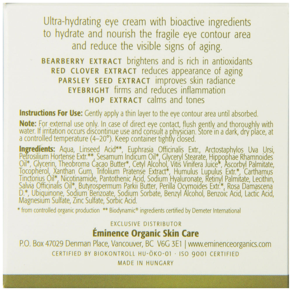 Label detail of Eminence Bearberry Eye Repair Cream signals biodynamic bearberry extract