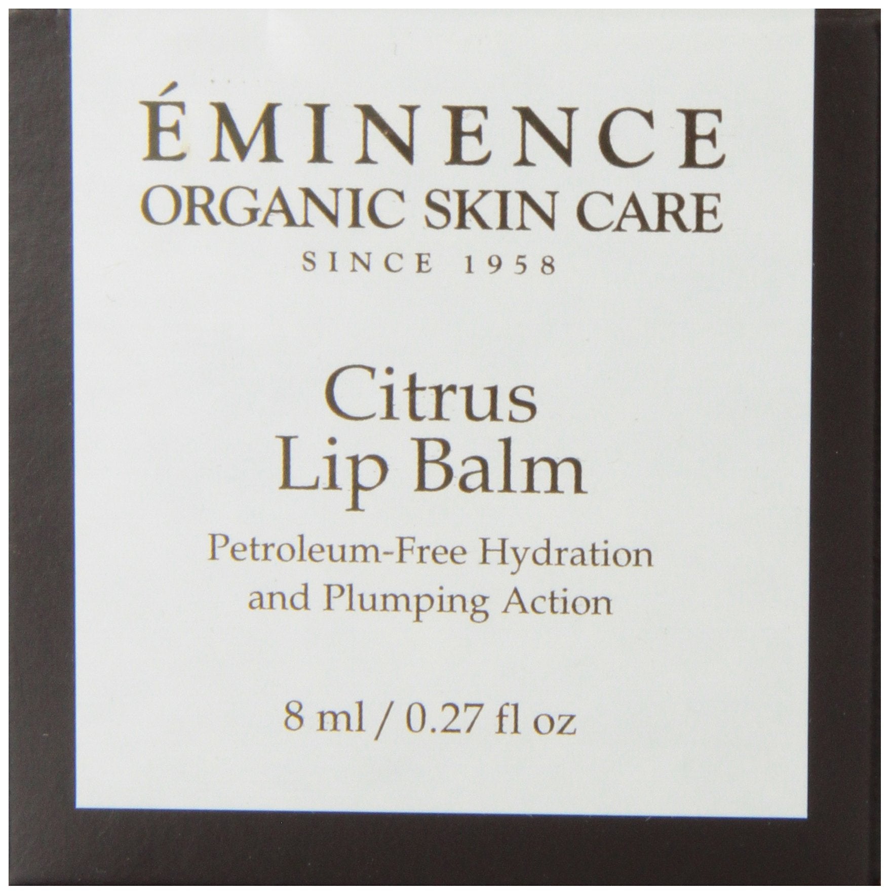 Eminence Citrus Lip Balm packaging highlights a petroleum-free formula.