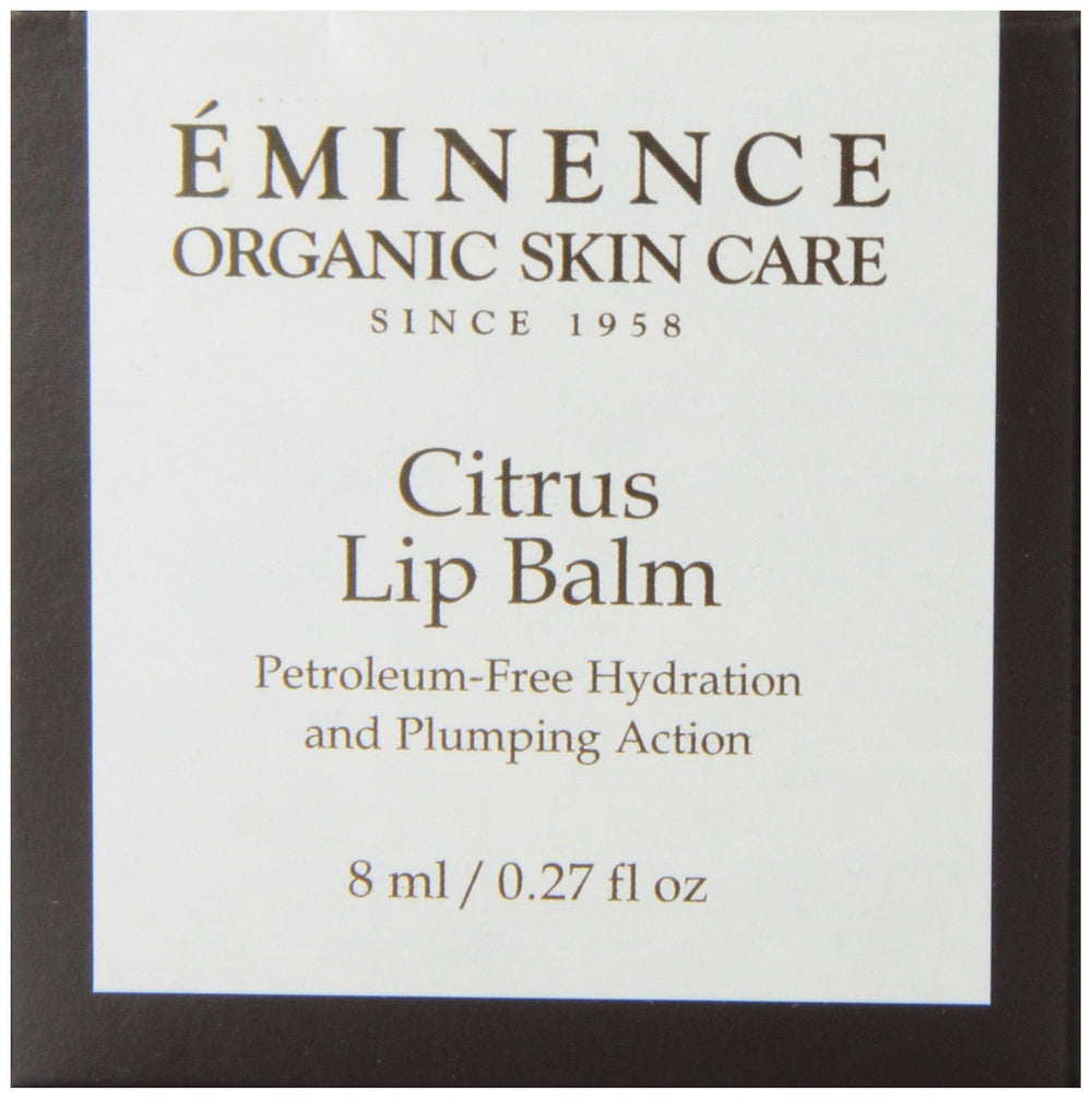 Eminence Citrus Lip Balm packaging highlights a petroleum-free formula.