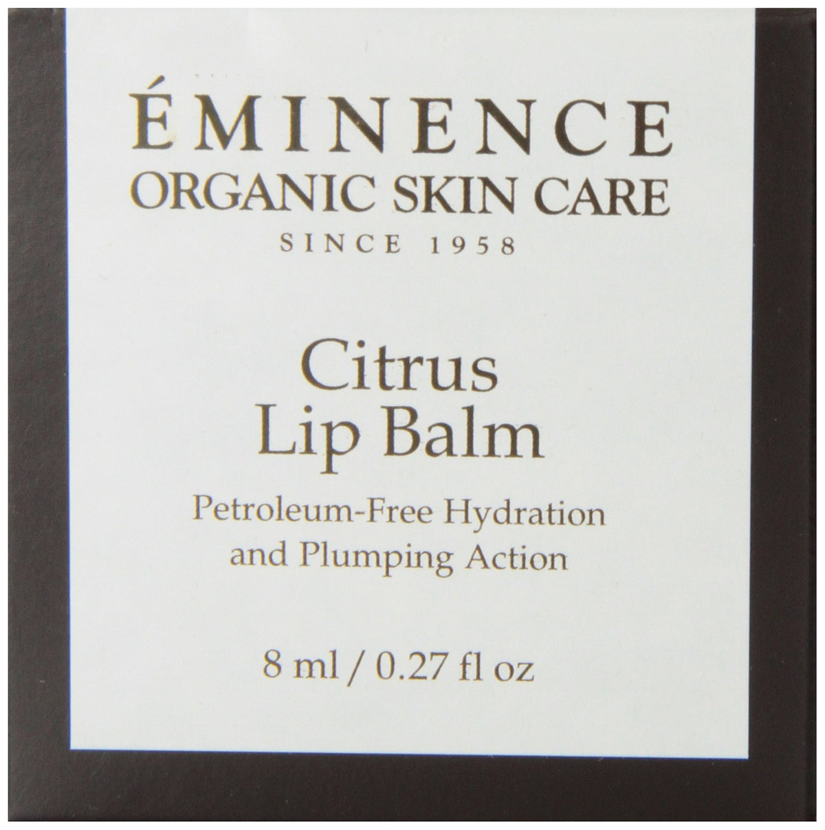 Eminence Citrus Lip Balm packaging highlights a petroleum-free formula.