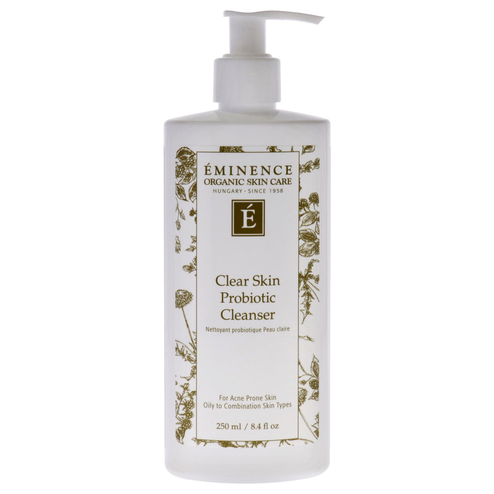 Eminence Clear Skin Probiotic Cleanser jar close-up, gentle cleansing for acne-prone skin.