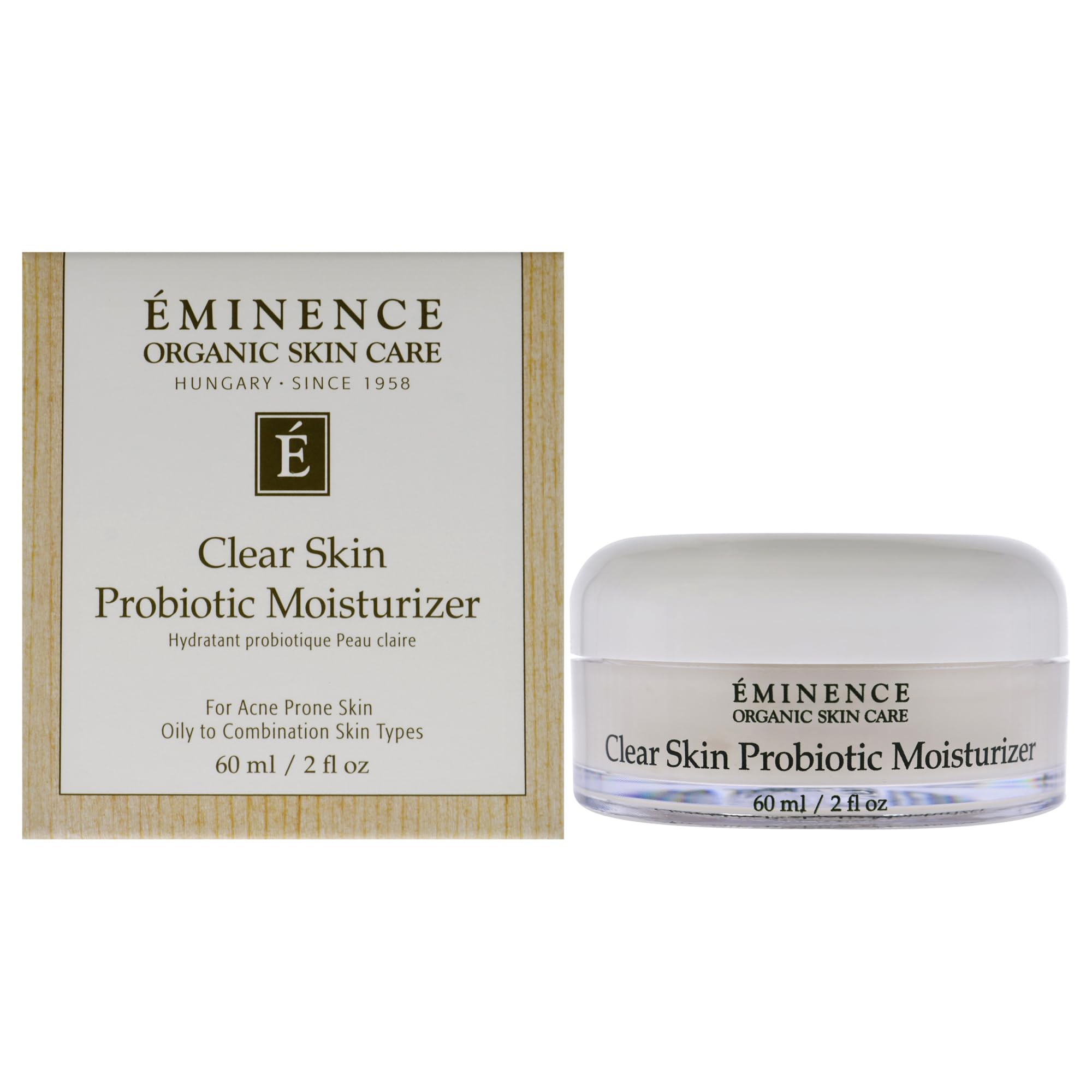 Eminence Clear Skin Probiotic Moisturizer bottle showing balanced hydration for acne-prone skin