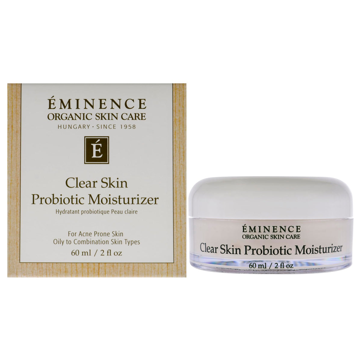 Eminence Clear Skin Probiotic Moisturizer bottle showing balanced hydration for acne-prone skin