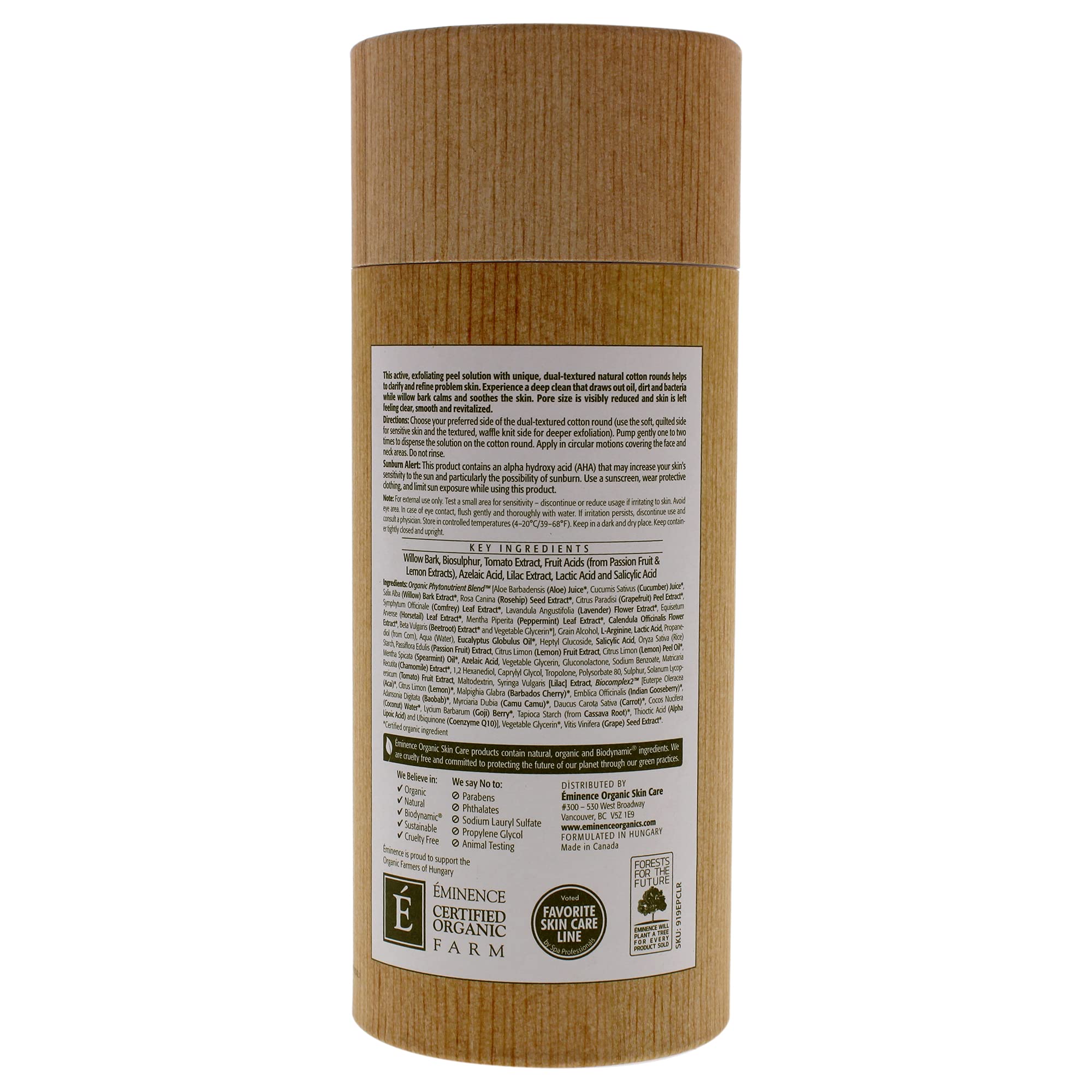 Front packaging of Eminence Exfoliating Peel highlighting willow bark formula