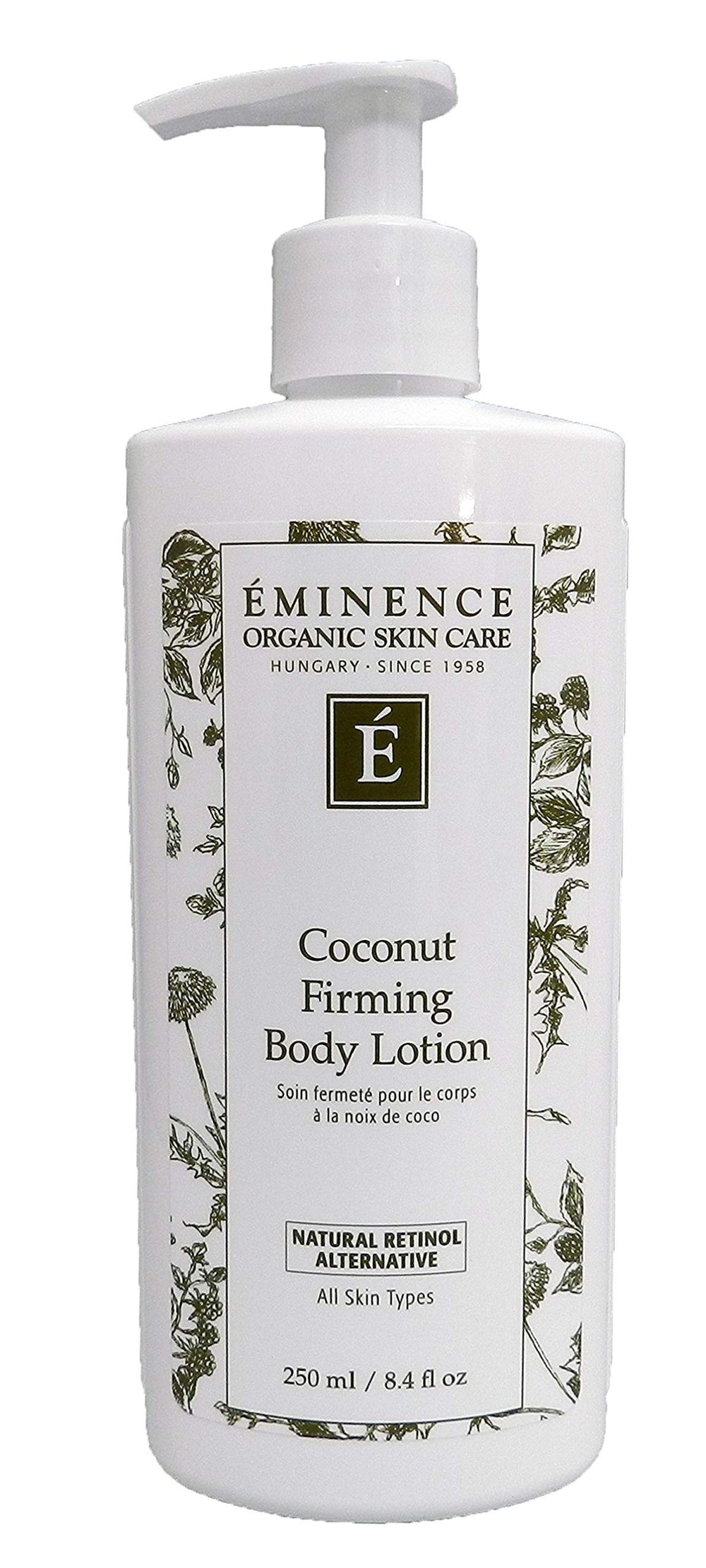 Eminence Coconut Firming Lotion bottle highlighting hydrating and a smooth look.