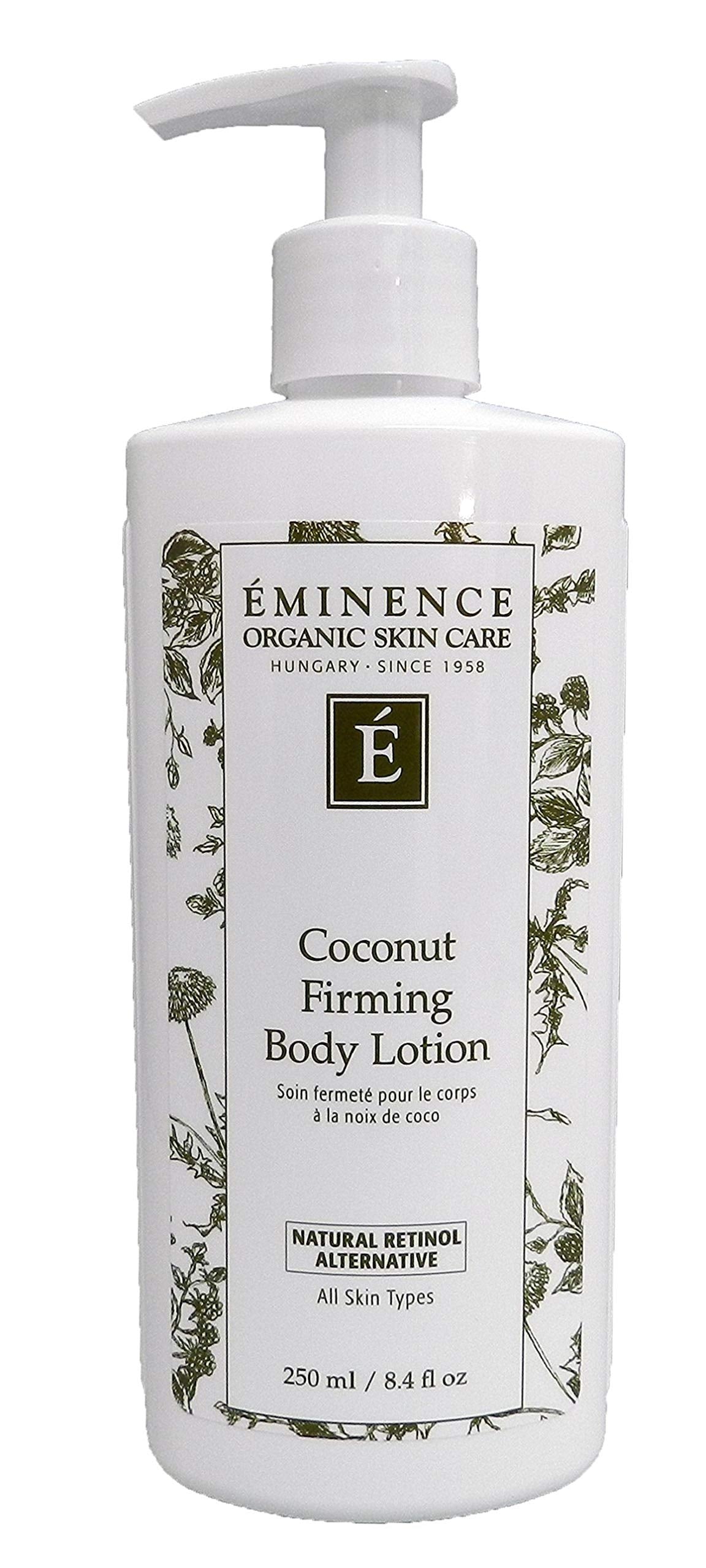 Eminence Coconut Firming Lotion bottle highlighting hydrating and a smooth look.