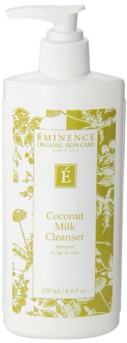 Eminence Coconut Milk Cleanser in hand shows an easy rinse-off for normal to dry skin.