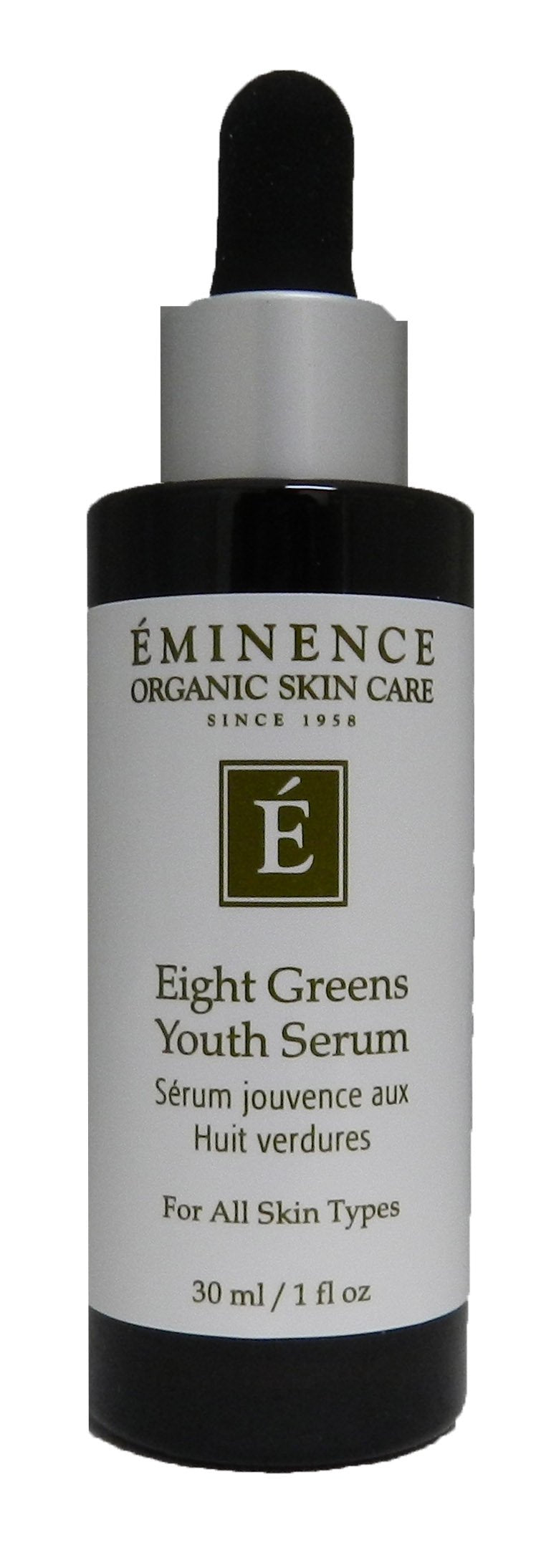 Eminence Eight Greens Serum bottle with antioxidant yucca and flaxseed omega-3 for skin protection.