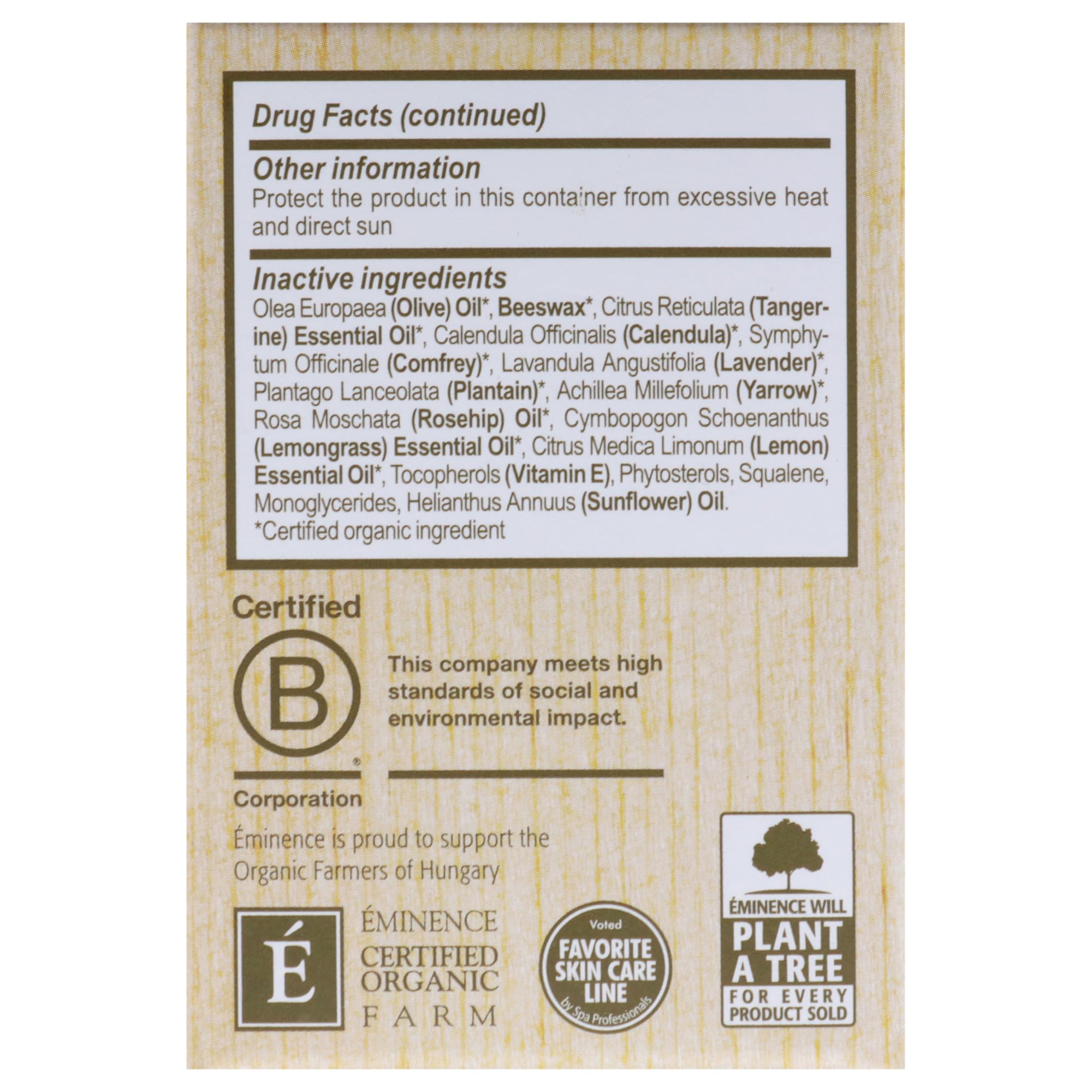 Eminence natural ingredients label highlighting vitamins and antioxidants.