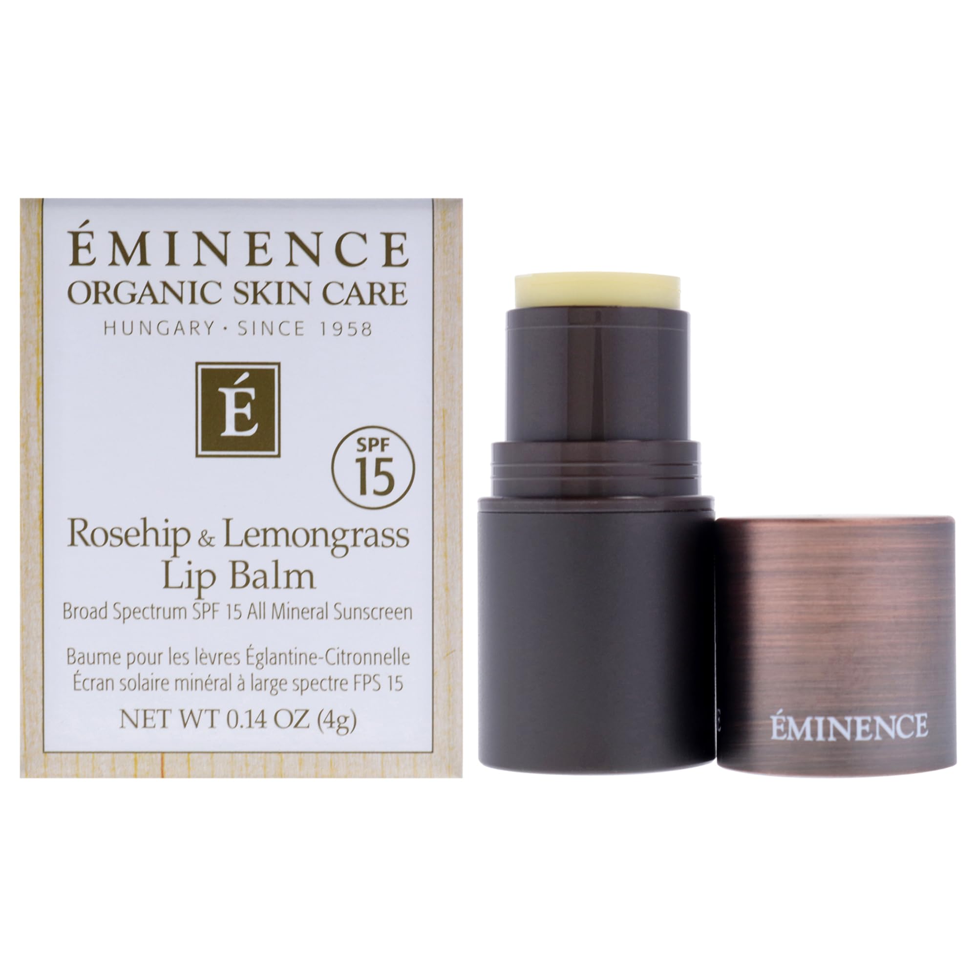 Eminence rosehip-lemongrass lip balm SPF15 close-up shows protective hydration.