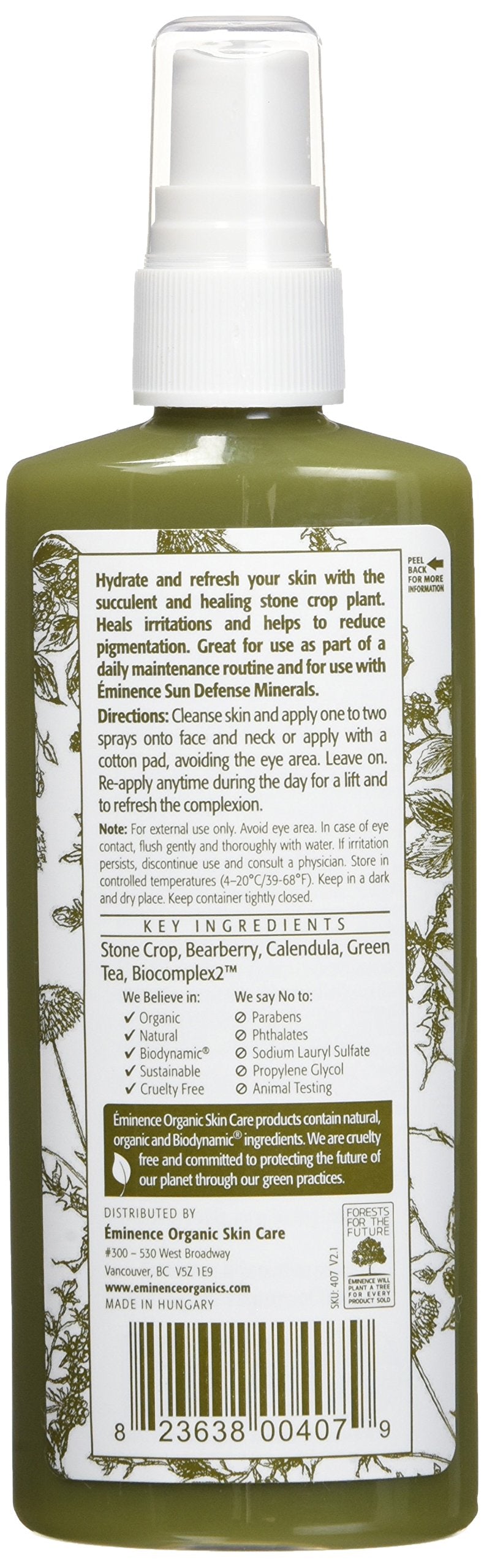 Eminence Stone Crop Hydrating Mist spritz demonstrates alcohol-free refreshment for all skin types.