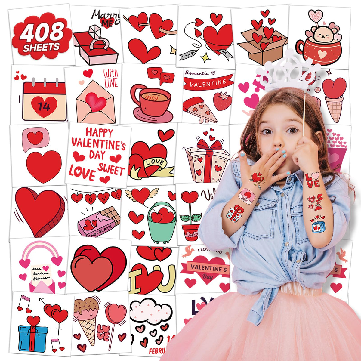 EMOME 408 individually wrapped Valentine tattoos for easy party favors and kid-safe play.