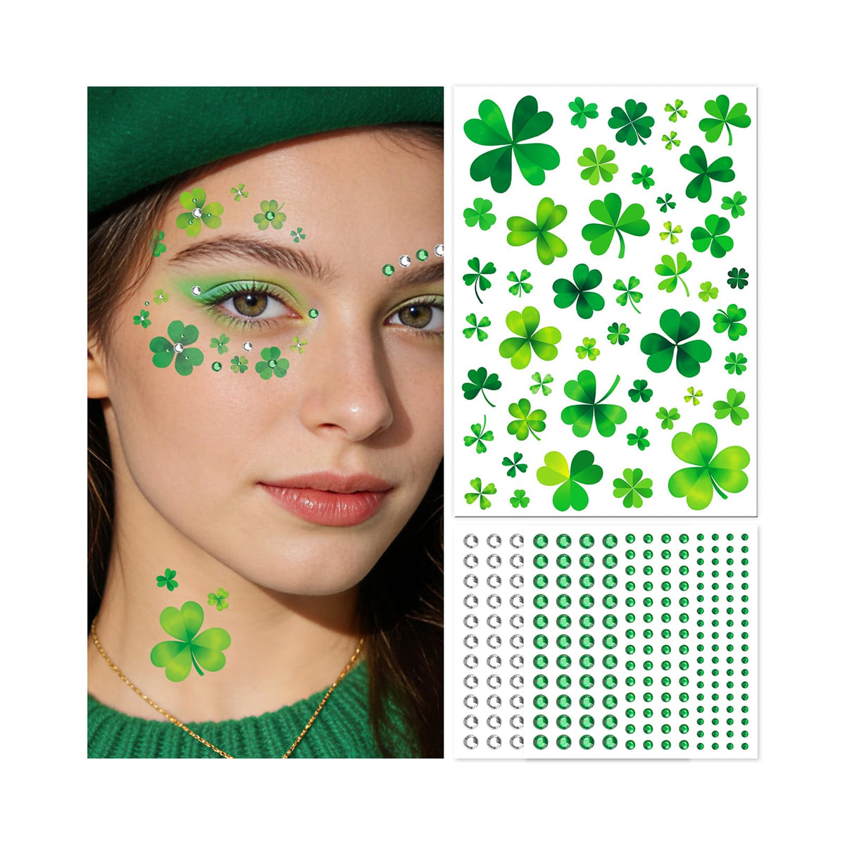 EMOME tattoo sheets with shamrock designs for eye and cheek accents