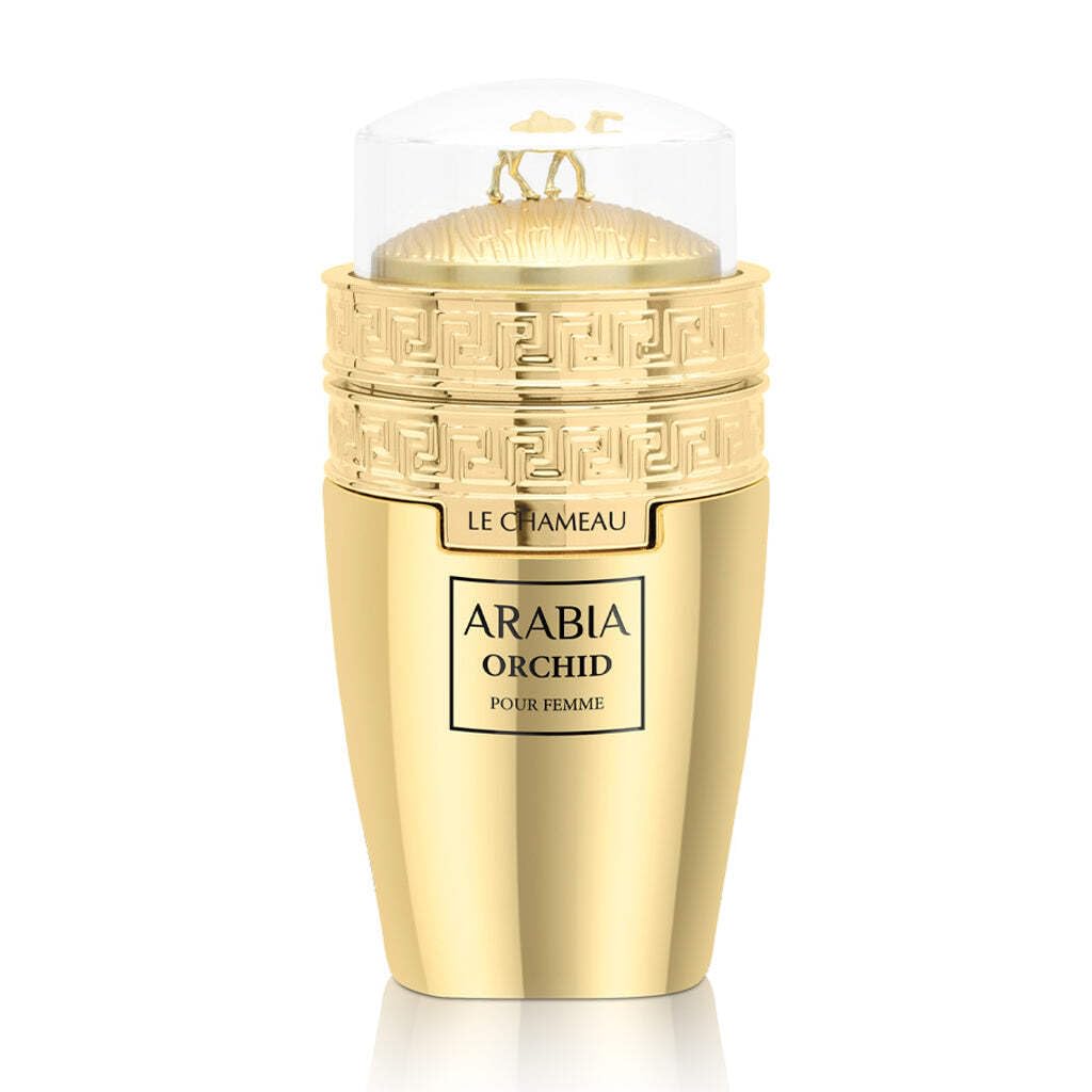 Emper Arabia Orchid Femme bottle closeup with luxury gold plating and sleek design.