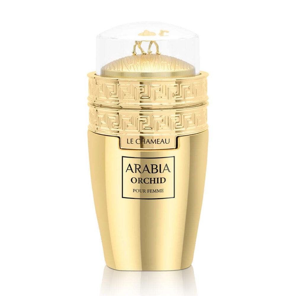 Emper Arabia Orchid Femme gold plating detail emphasizes premium fragrance presentation.