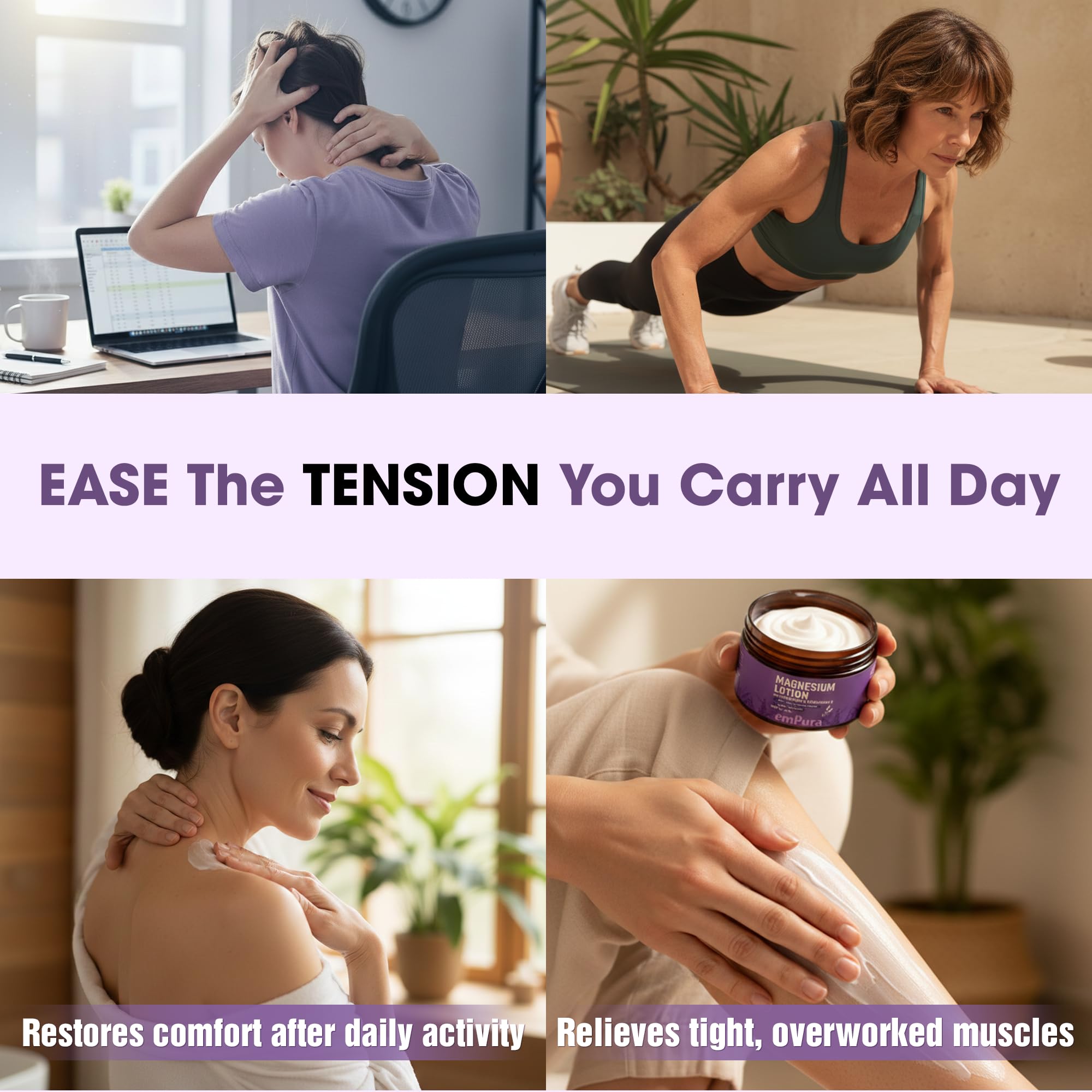 EMPURA Lavender Magnesium Lotion application on leg for calming relief.